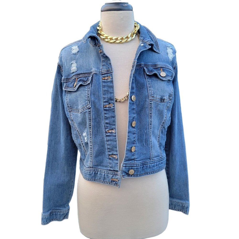 Celebrity Pink Distressed Denim Jacket Button Up Rollable Sleeve Womans Small